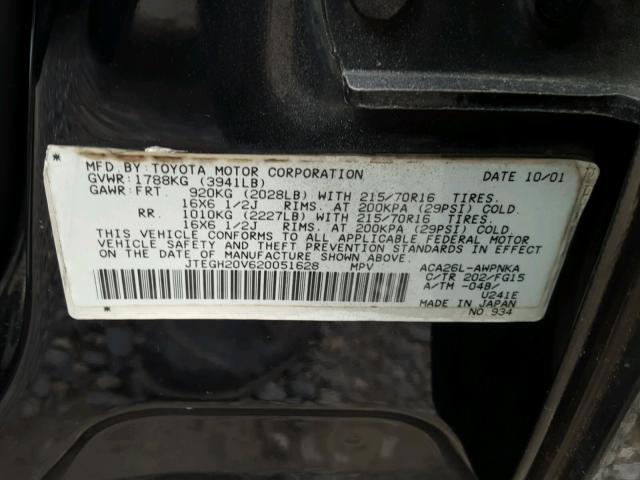 JTEGH20V620051628 - 2002 TOYOTA RAV4 BLACK photo 10