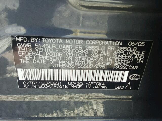 JTHBN36F555027498 - 2005 LEXUS LS 430 CHARCOAL photo 10