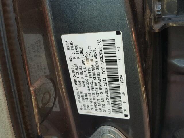 1HGCP26458A102674 - 2008 HONDA ACCORD LXP GRAY photo 10