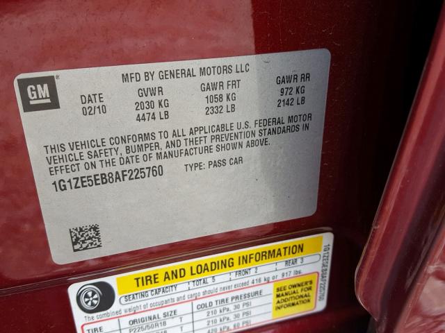 1G1ZE5EB8AF225760 - 2010 CHEVROLET MALIBU LTZ 红色 照片 10