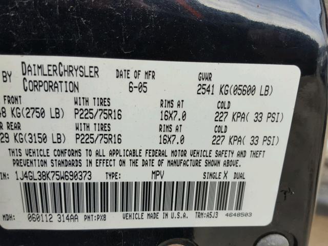 1J4GL38K75W690373 - 2005 JEEP LIBERTY RE BLACK photo 10