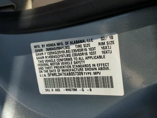 5FNRL3H7XAB057309 - 2010 HONDA ODYSSEY EX BEIGE photo 10