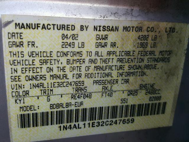 1N4AL11E32C247659 - 2002 NISSAN ALTIMA BAS SILVER photo 10