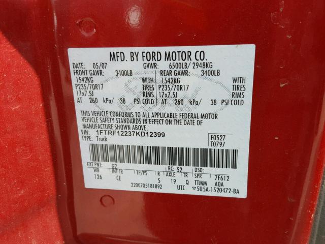 1FTRF12237KD12399 - 2007 FORD F150 Rouge photo 10