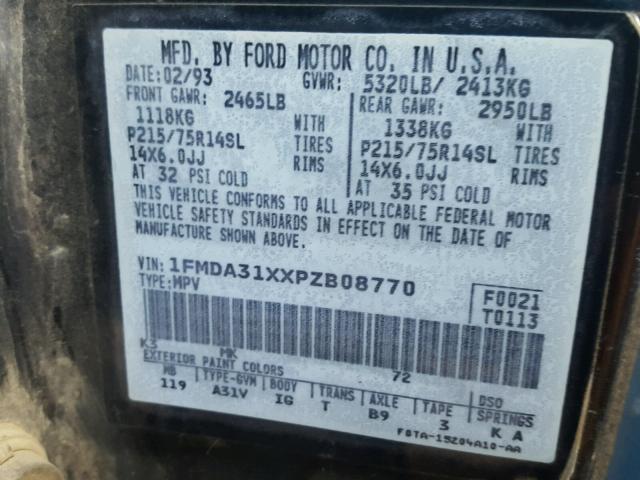 1FMDA31XXPZB08770 - 1993 FORD AEROSTAR BLUE photo 10