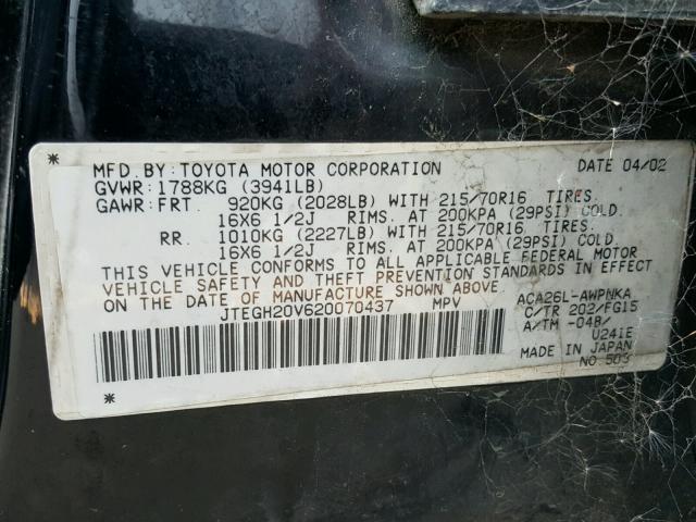 JTEGH20V620070437 - 2002 TOYOTA RAV4 BLACK photo 10