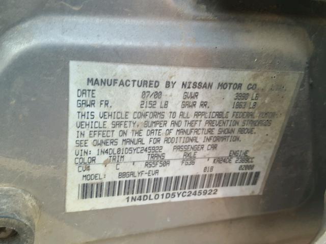 1N4DL01D5YC245922 - 2000 NISSAN ALTIMA XE TAN photo 10