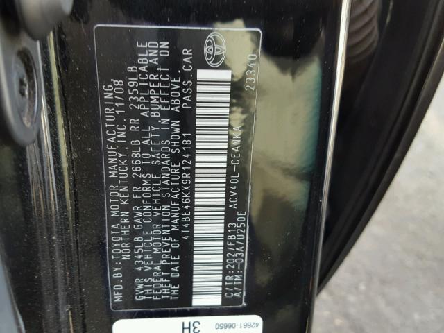 4T4BE46KX9R124181 - 2009 TOYOTA CAMRY BASE BLACK photo 10