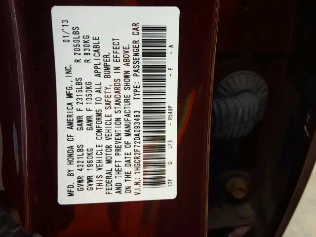 1HGCR2F72DA093463 - 2013 HONDA ACCORD EX 勃艮第红 照片 10