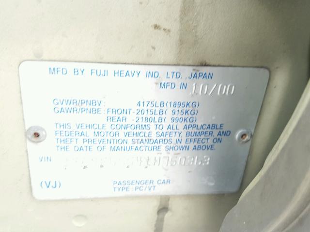 JF1SF65541H750363 - 2001 SUBARU FORESTER S Կանաչ լուսանկար 10