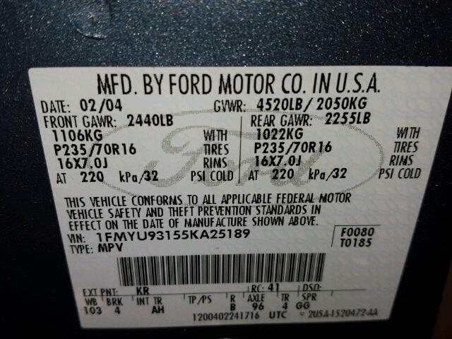 1FMYU93155KA25189 - 2005 FORD ESCAPE XLT BLUE photo 10