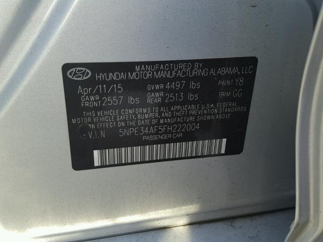 5NPE34AF5FH222004 - 2015 HYUNDAI SONATA SPO SILVER photo 10