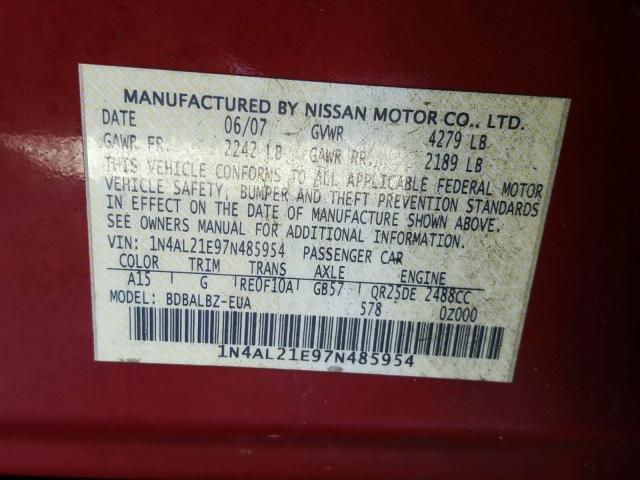 1N4AL21E97N485954 - 2007 NISSAN ALTIMA 2.5 RED photo 10