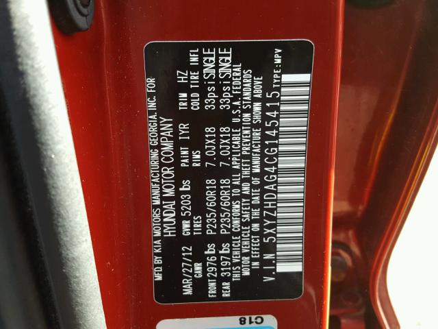 5XYZHDAG4CG145415 - 2012 HYUNDAI SANTA FE S RED photo 10