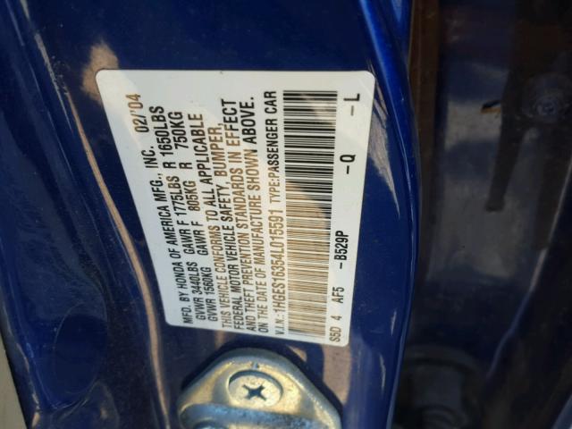 1HGES16354L015591 - 2004 HONDA CIVIC DX V BLUE photo 10