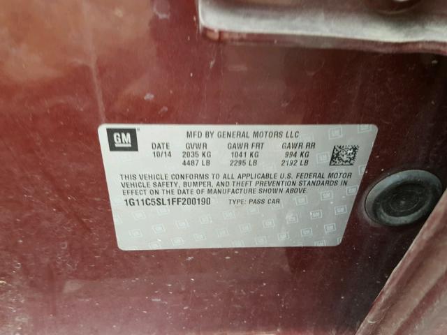 1G11C5SL1FF200190 - 2015 CHEVROLET MALIBU 1LT 栗色 照片 10