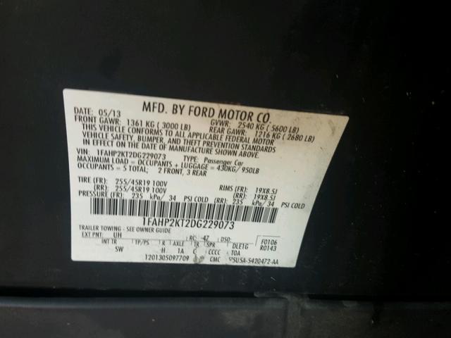 1FAHP2KT2DG229073 - 2013 FORD TAURUS SHO BLACK photo 10