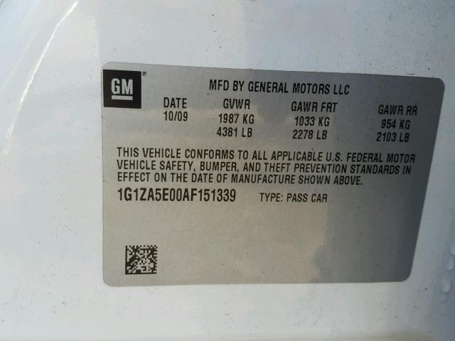 1G1ZA5E00AF151339 - 2010 CHEVROLET MALIBU LS 白色 照片 10