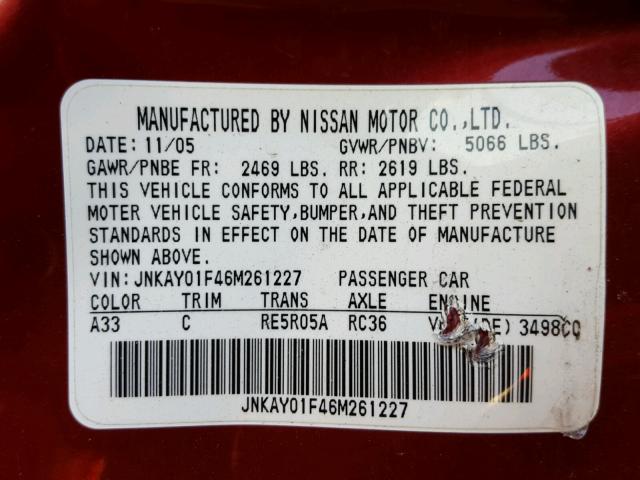 JNKAY01F46M261227 - 2006 INFINITI M35 BASE RED photo 10