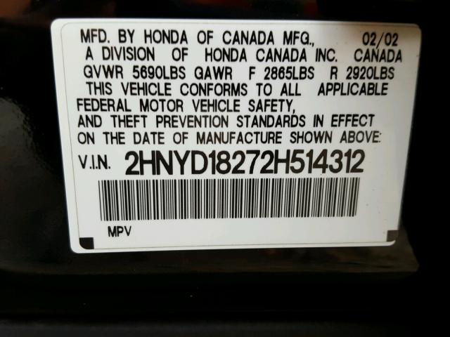 2HNYD18272H514312 - 2002 ACURA MDX BLACK photo 10