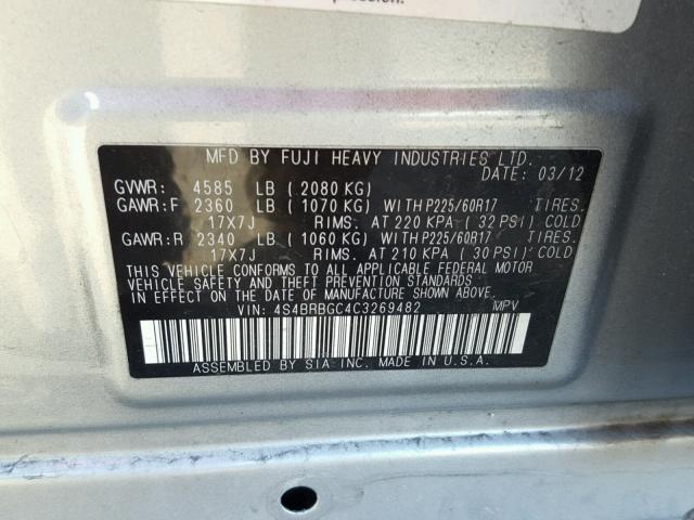 4S4BRBGC4C3269482 - 2012 SUBARU OUTBACK 2. SILVER photo 10