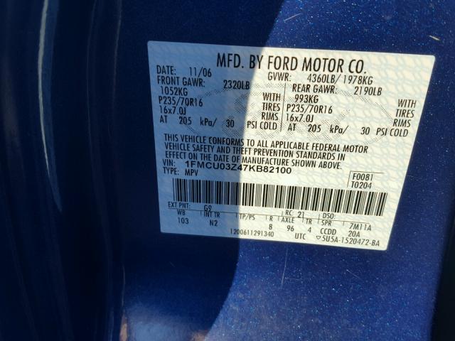 1FMCU03Z47KB82100 - 2007 FORD ESCAPE XLT BLUE photo 10