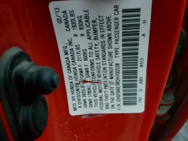 2HGFB6E56DH700538 - 2013 HONDA CIVIC SI RED photo 10