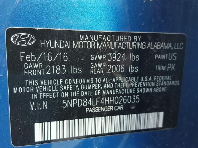 5NPD84LF4HH026035 - 2017 HYUNDAI ELANTRA SE BLUE photo 10