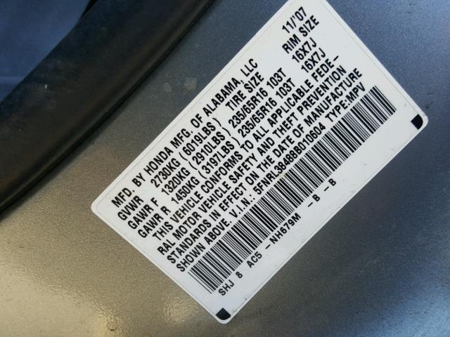 5FNRL38488B010604 - 2008 HONDA ODYSSEY EX SILVER photo 10
