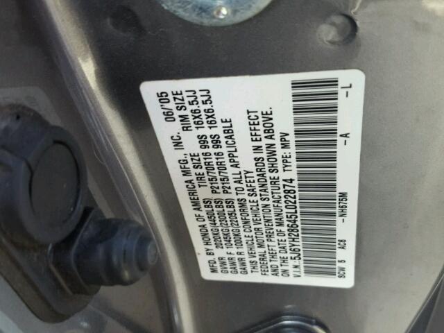 5J6YH28645L022874 - 2005 HONDA ELEMENT EX GRAY photo 10