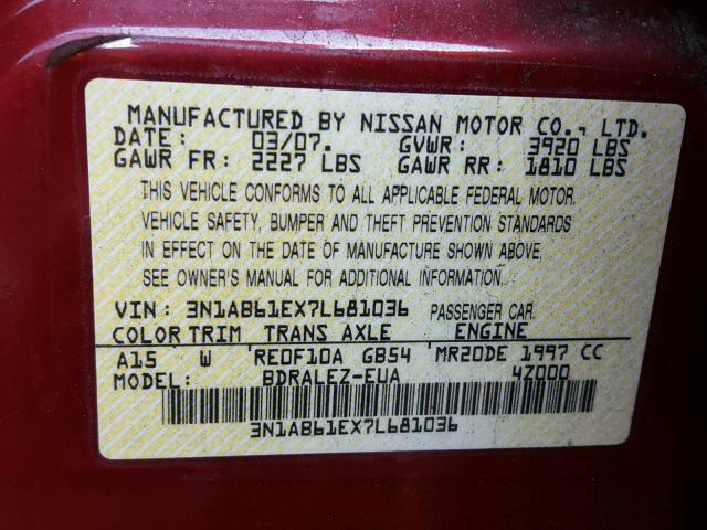 3N1AB61EX7L681036 - 2007 NISSAN SENTRA 2.0 MAROON photo 10