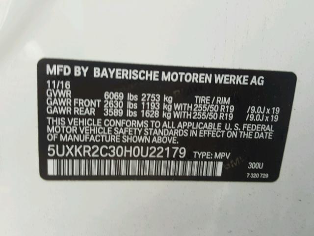 5UXKR2C30H0U22179 - 2017 BMW X5 SDRIVE3 WHITE photo 10