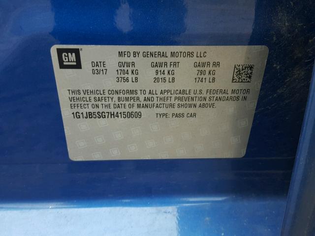 1G1JB5SG7H4150609 - 2017 CHEVROLET SONIC LS 蓝色 照片 10