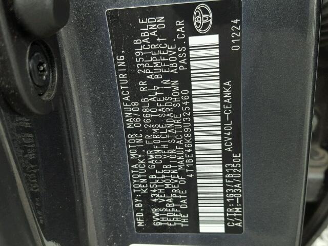 4T1BE46K89U325460 - 2009 TOYOTA CAMRY BASE GRAY photo 10