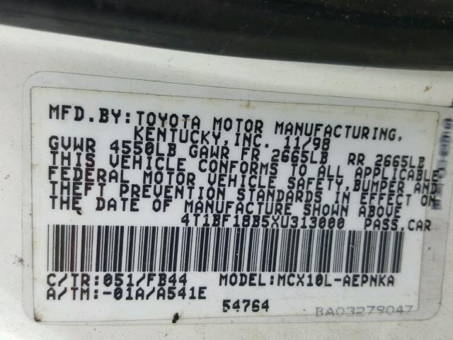 4T1BF18B5XU313000 - 1999 TOYOTA AVALON WHITE photo 10