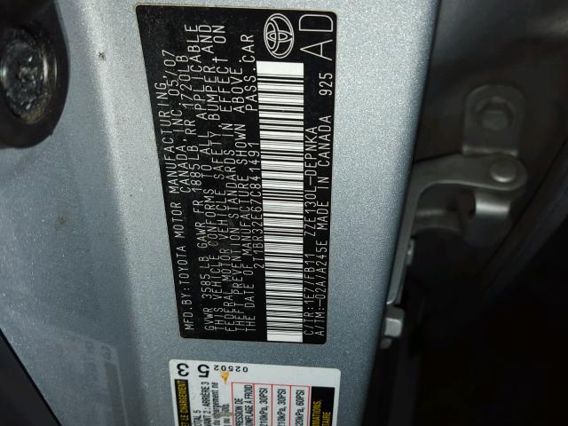 2T1BR32E67C841491 - 2007 TOYOTA COROLLA CE SILVER photo 10