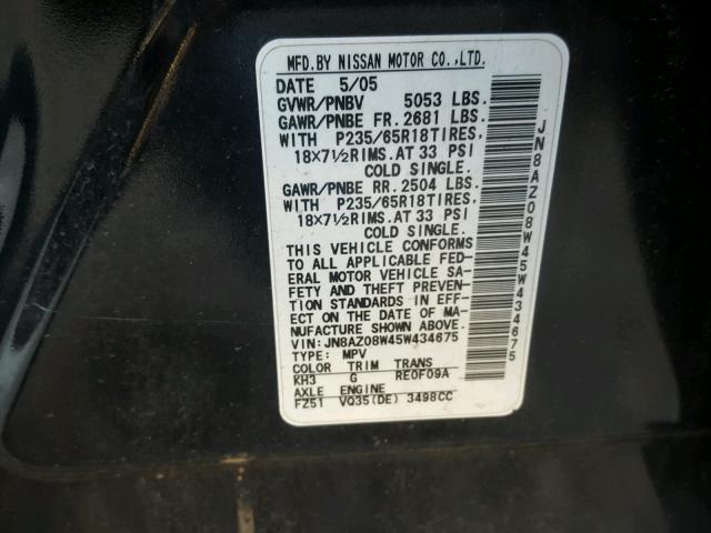 JN8AZ08W45W434675 - 2005 NISSAN MURANO SL BLACK photo 10