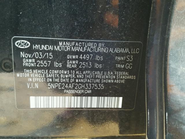 5NPE24AF2GH337535 - 2016 HYUNDAI SONATA SE BLACK photo 10