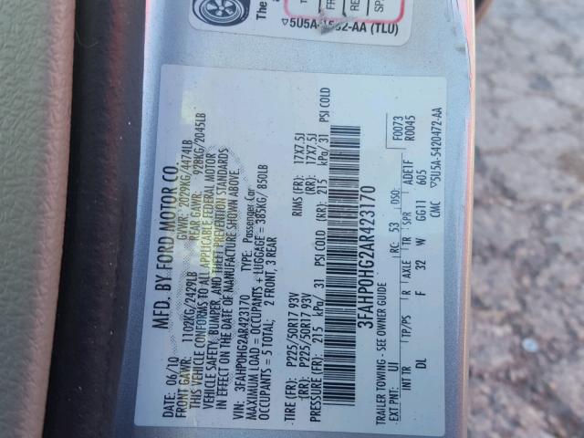 3FAHP0HG2AR423170 - 2010 FORD FUSION SE SILVER photo 10