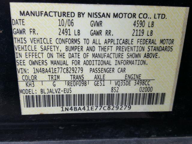 1N4BA41E77C829279 - 2007 NISSAN MAXIMA SE BLACK photo 10