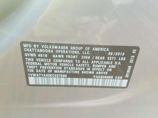 1VWAT7A30EC027585 - 2014 VOLKSWAGEN PASSAT S ვერცხლისფერი ფოტო 10