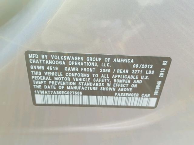 1VWAT7A30EC027585 - 2014 VOLKSWAGEN PASSAT S SILVER photo 10