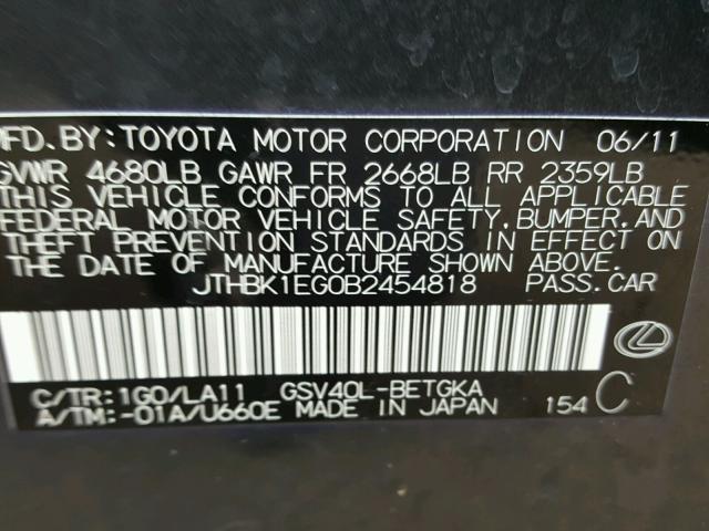 JTHBK1EG0B2454818 - 2011 LEXUS ES 350 GRAY photo 10