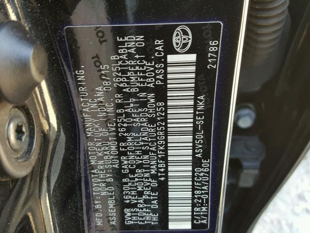 4T4BF1FK9GR521258 - 2016 TOYOTA CAMRY LE შავი ფოტო 10