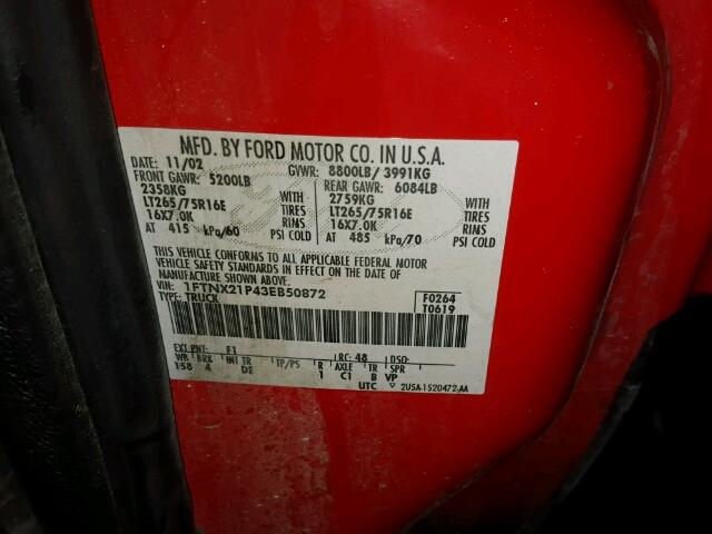 1FTNX21P43EB50872 - 2003 FORD F250 SUPER RED photo 10