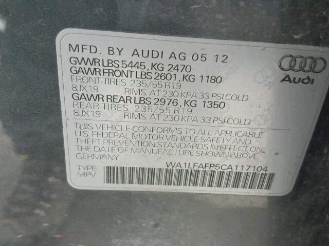 WA1LFAFP5CA117104 - 2012 AUDI Q5 PREMIUM GRAY photo 10