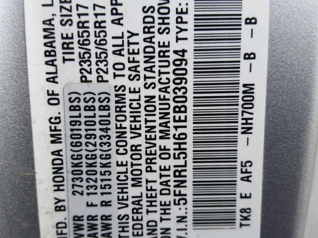 5FNRL5H61EB039094 - 2014 HONDA ODYSSEY EX SILVER photo 10