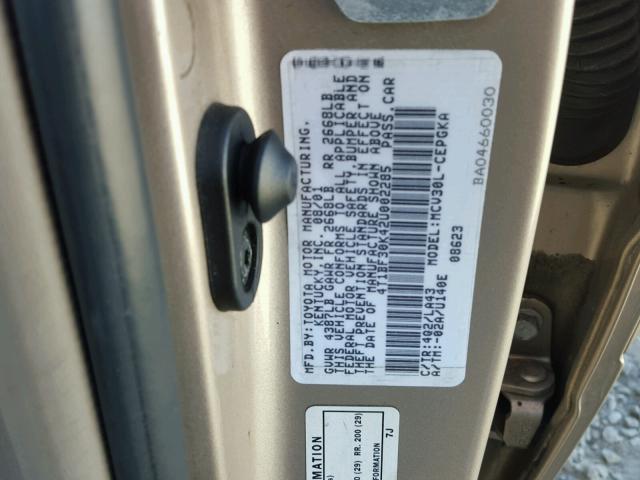 4T1BF30K42U002285 - 2002 TOYOTA CAMRY LE 金色 照片 10