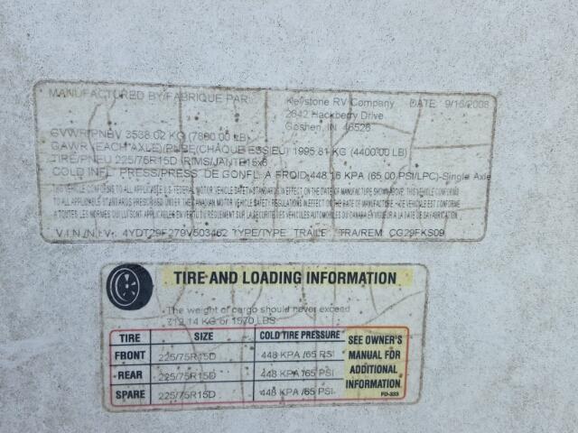 4YDT29F279V503462 - 2009 KEYSTONE COUGAR WHITE photo 10