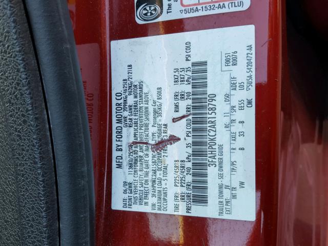 3FAHP0KC2AR158790 - 2010 FORD FUSION SPO RED photo 10